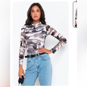 Akira camouflage mesh semi shear bodysuit crew neck long sleeve size Large NWOT